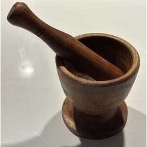 Vintage Solid Wooden Mortar & Pestle India Kitchenware Rustic Country Brown